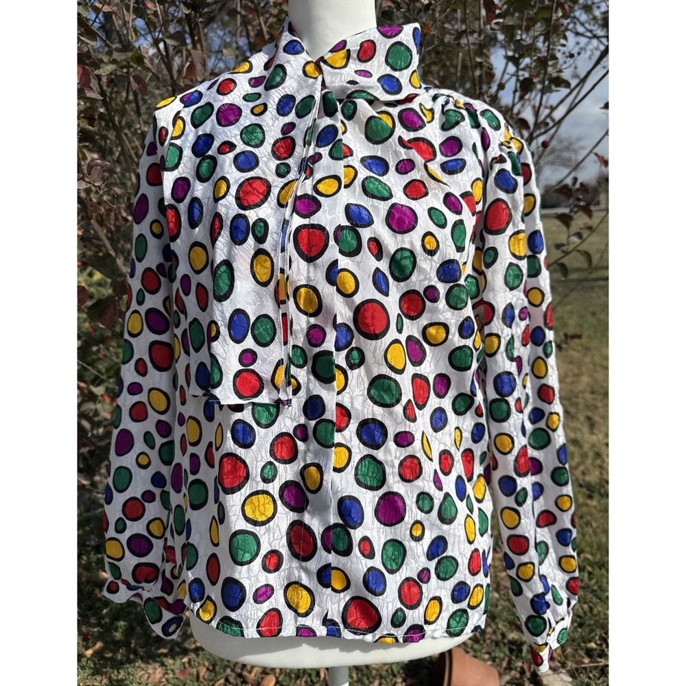 Vtg Notations Polka Dot Scarf Neck Sexy Secretary Geek Ruffle Ballon Sleeves 8p